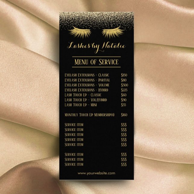 Carte Publicitaire Eyelash Extension Salon Noir & Or Tarifs (Créateur téléchargé)