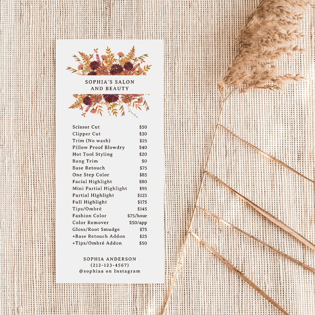 Carte Publicitaire Fleurs sauvages Boho sur Blanc | Tarifs du salon (Créateur téléchargé)