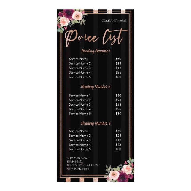 Carte Publicitaire Floral Black Rose Gold Parties scintillant Salon P (Devant)