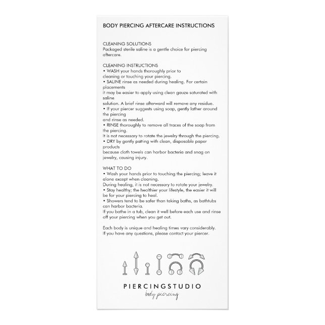 Carte Publicitaire Instructions d'après-soins Piercing corporel moder (Devant)