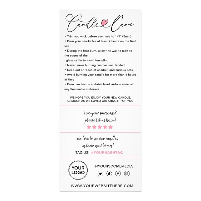 Carte Publicitaire Instructions de soins aux bougies et Merci client (Devant)