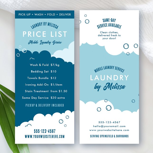 Carte Publicitaire Laundry Service Dry Cleaner Price List Blue White (Modern blue and white mobile laundry service price list with fully editable text and colors)
