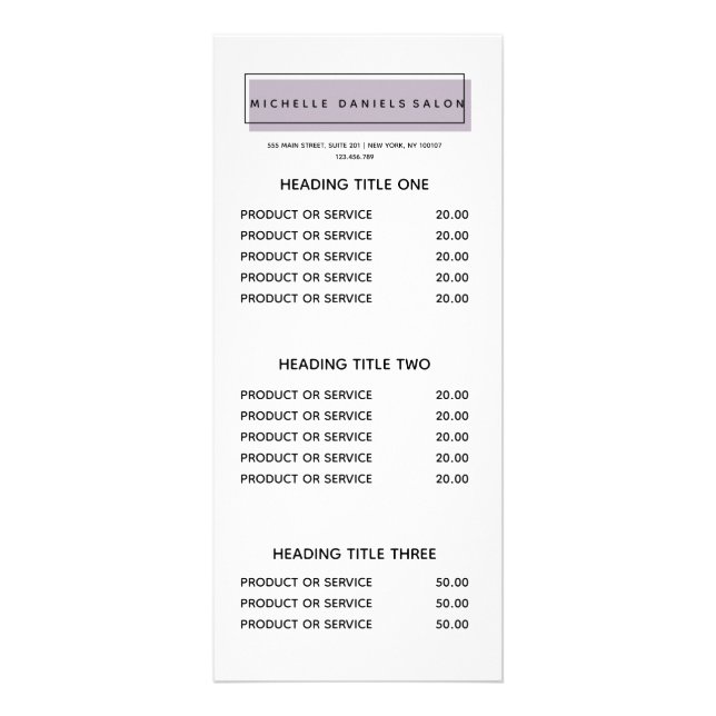 Carte Publicitaire Logo féminin | Lavande | Tarifs du salon (Devant)