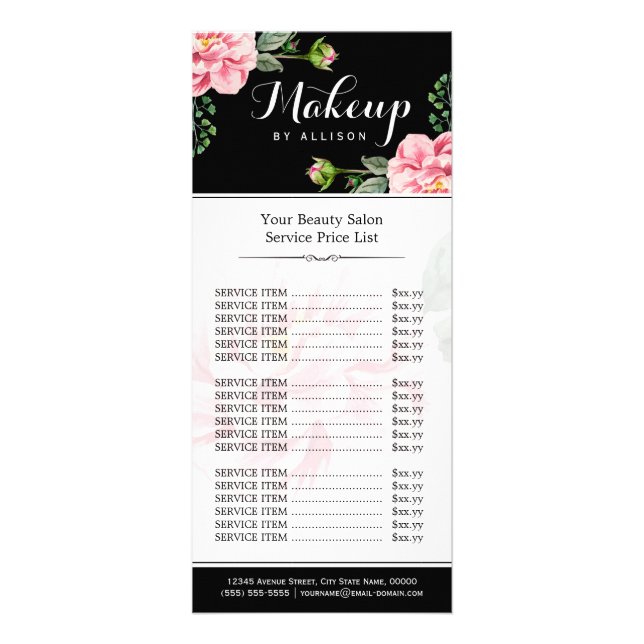 Carte Publicitaire Maquillage floral Artiste Beauté Salon Girl Tarifs (Devant)