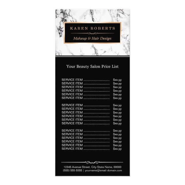Carte Publicitaire Marbre blanc moderne Beauty Salon Tarifs (Devant)