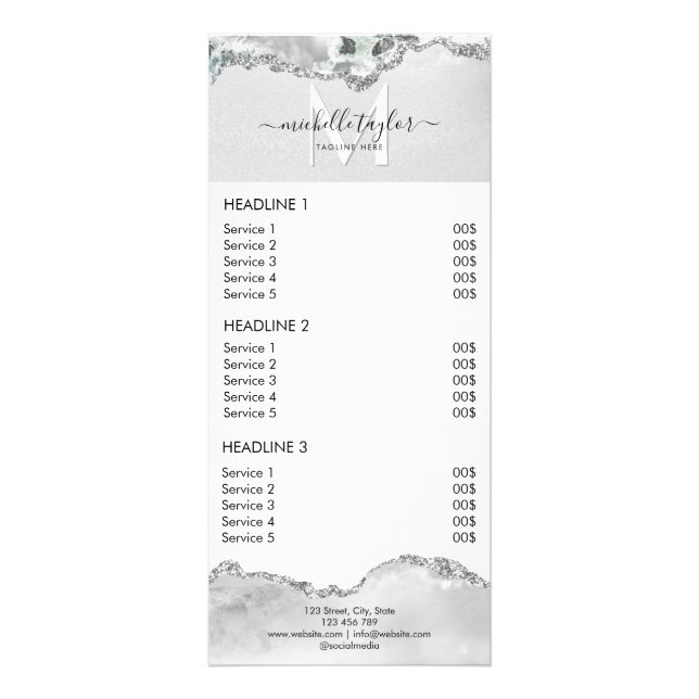 Carte Publicitaire Moderne Chic Tarifs Service Monogram Silver (Devant)