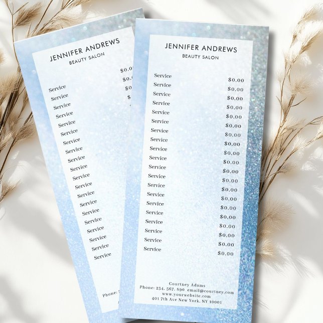 Carte Publicitaire Moderne, parties scintillant, salon, prix (Personalized Modern, glitter, salon, pricelist rack card)