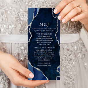Carte Publicitaire Navy Marble & Silver Agate Wedding Program