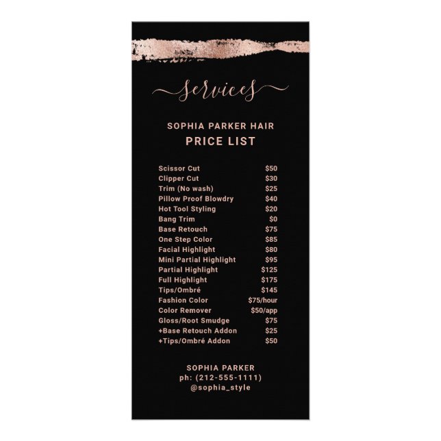 Carte Publicitaire Or Rose tendance sur noir | Services Tarifs (Devant)