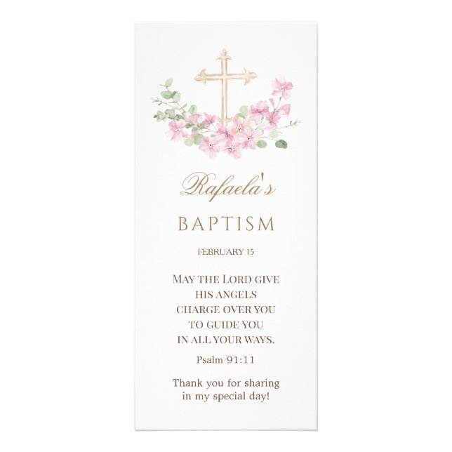 Carte Publicitaire Pink Floral Cross Girl Baptism (Devant)