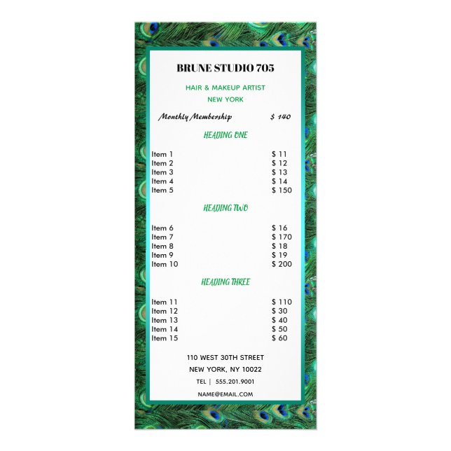 Carte Publicitaire Prix des plumes de paon vert brillant (Devant)