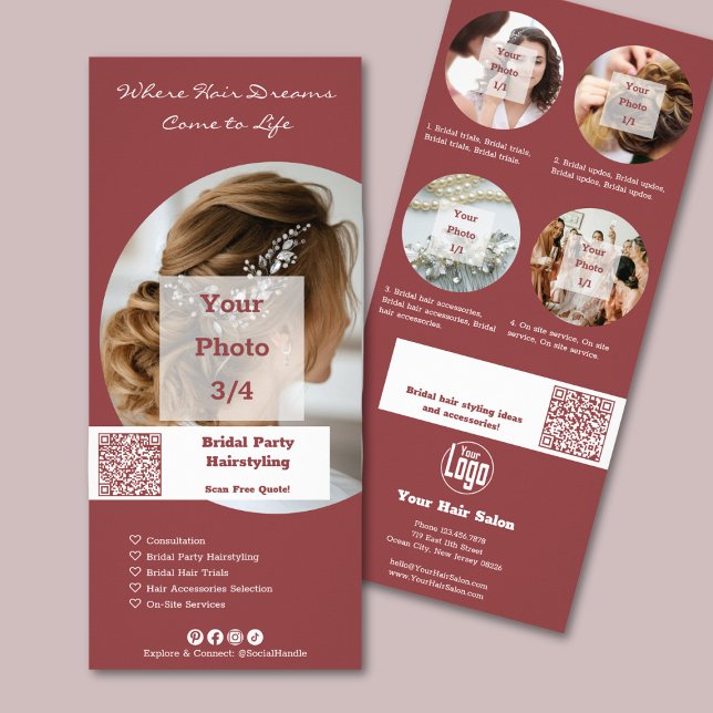 Carte Publicitaire Promotion Salon de coiffure Coiffure de groupe de  (Promotion Hair Salon Bridal Party Hairstyling Rack Card)
