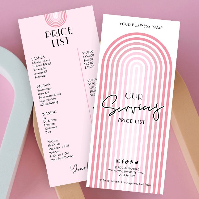 Carte Publicitaire Retro Arch Girly Rose tendance beauté PMU Prix (Stand out with this trendy business price list featuring a retro pink arch design and modern fonts)