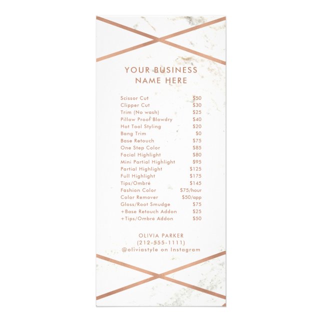 Carte Publicitaire Rose Gold Géométrique sur Marble Prix List Service (Devant)