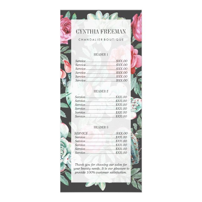 Carte Publicitaire Roses roses et Motif de cactus succulents sur noir (Devant)