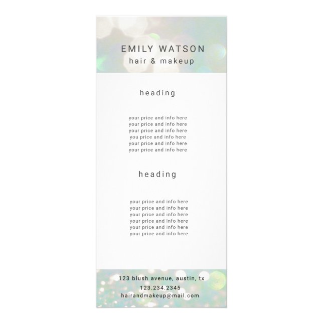 Carte Publicitaire salon bokeh pastel sparkle tarif (Devant)