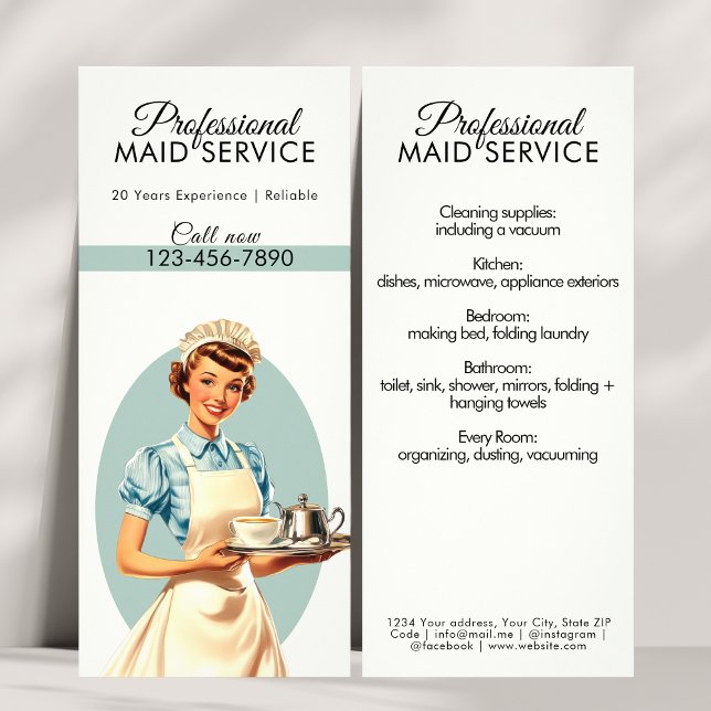 Carte Publicitaire Service ménager professionnel Rétro (Professional Maid Housekeeping Service Retro Rack Card)