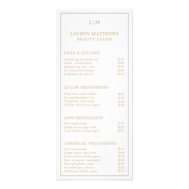 Carte Publicitaire Simple Monogramme Elegant Gold Salon Tarification (Devant)