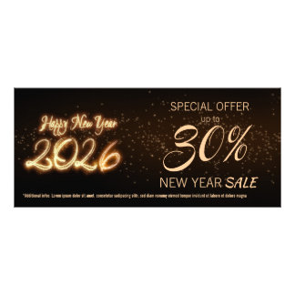 Carte Publicitaire Sparkling Happy New Year 2026 Fireworks Discount
