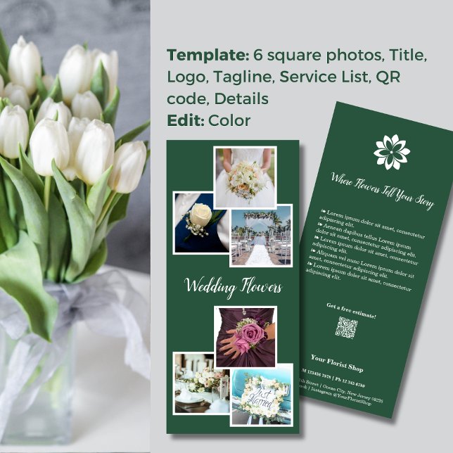 Carte Publicitaire Vert & Blanc Élégance 💐 Fleurs de Mariage Fleuris (Green & White Elegance 💐 Wedding Flowers Florist Rack Card)