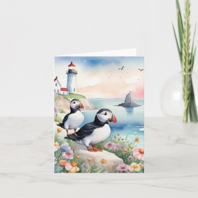 Carte Puffins by the Sea - Ocean Flowers & Lighthouse (Devant)