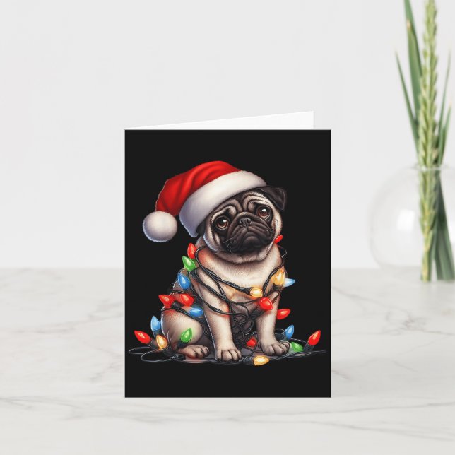 Carte Pug Dog Christmas Lights Santa Hat Dog Lover  (Devant)