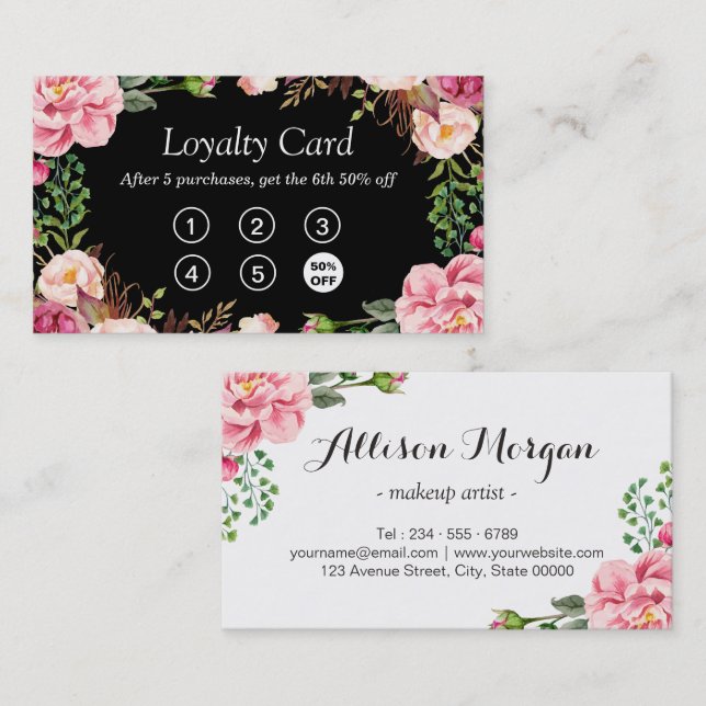 Carte Punch Loyauté | Enveloppement Floral Rose Fi (Devant / Derrière)