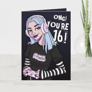 Carte Punk Gamer Ado fille Noir 16e anniversaire
