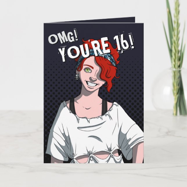 Carte Punk Redhead Ado fille Noir 16e anniversaire (Devant)