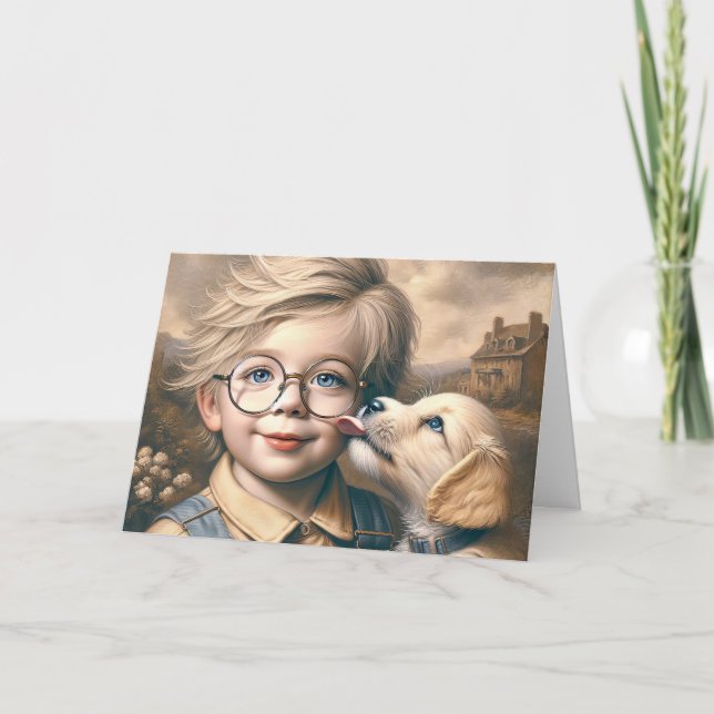 Carte Puppy Lick Le visage du garçon (Devant)