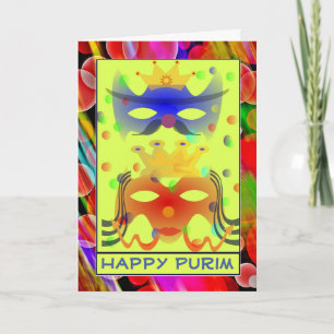 Carte Purim Queen King Masque coloré contemporain