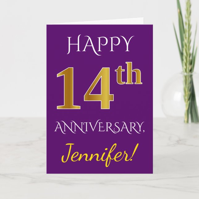 Carte Purple, 14e anniversaire de Mariage de Faux Gold + (Devant)