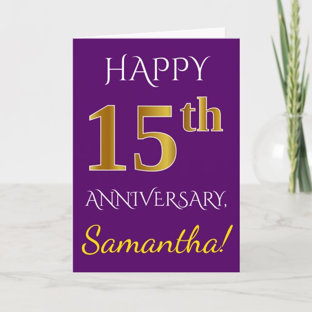 Carte Purple, 15e anniversaire de Mariage de Faux Gold + (Devant)