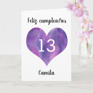 Carte Purple Aquarelle Coeur Espagnol 13ème Anniversaire