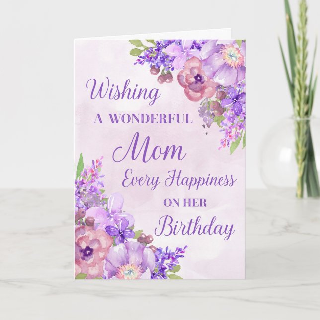 Carte Purple Aquarelle Fleurs Maman Anniversaire (Devant)