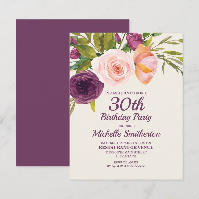 Carte Purple Blush Rose Floral Femme 30e anniversaire (Devant / Derrière)