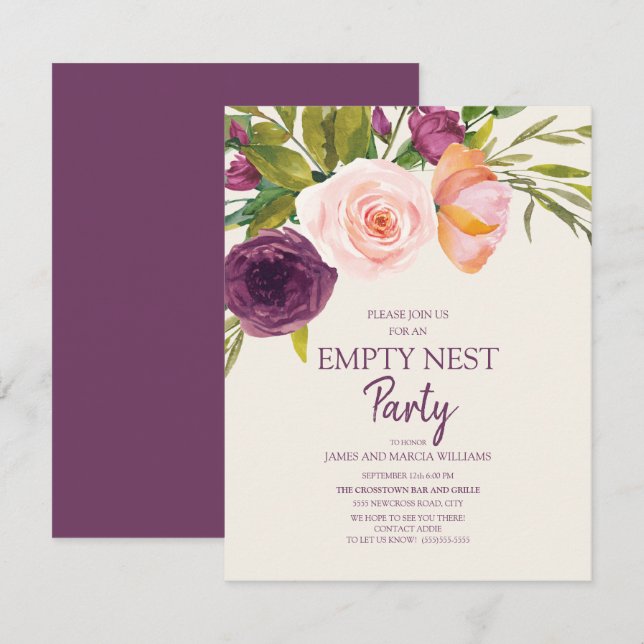 Carte Purple Blush Rose Floral Vide Fête de nid (Devant / Derrière)