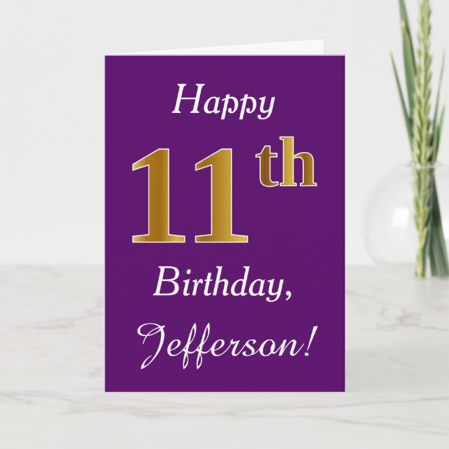 Carte Purple, Faux Gold 11e anniversaire + Nom personnal (Devant)