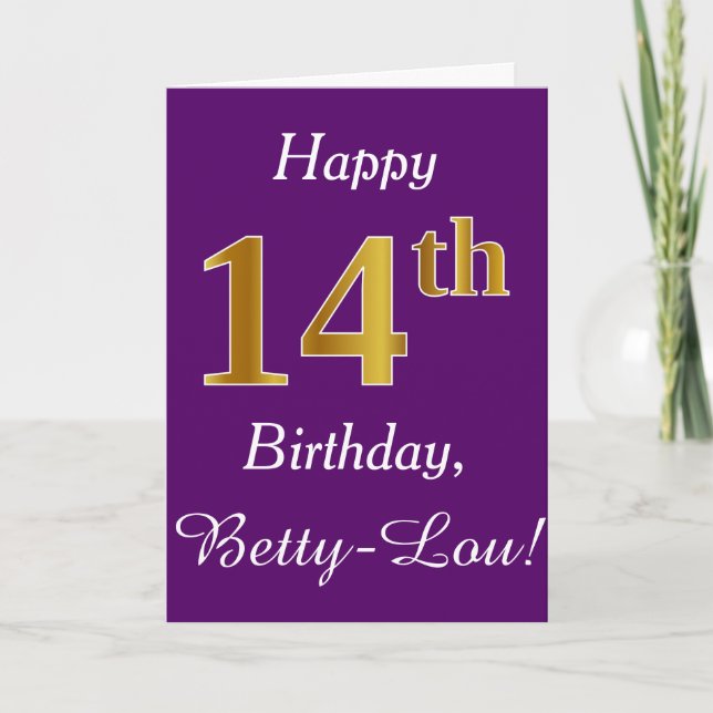 Carte Purple, Faux Gold 14e anniversaire + Nom personnal (Devant)