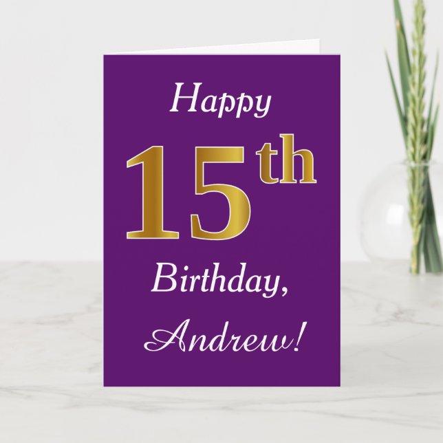 Carte Purple, Faux Gold 15e anniversaire + Nom personnal (Devant)