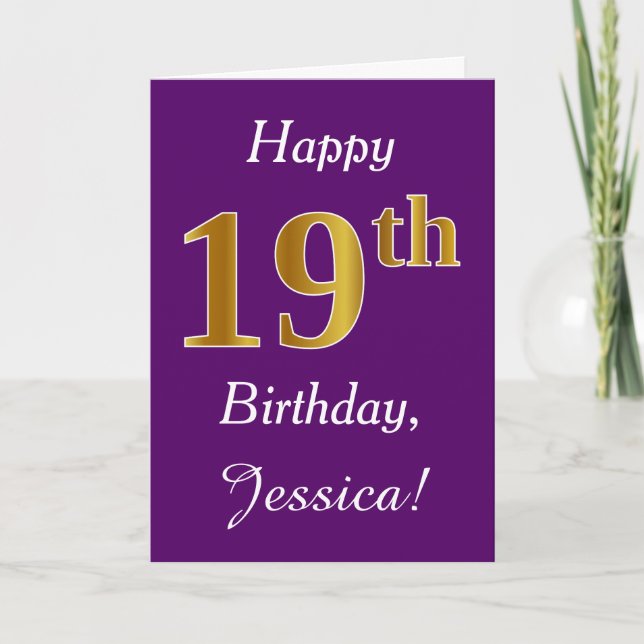 Carte Purple, Faux Gold 19e anniversaire + Nom personnal (Devant)