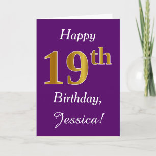 Carte Purple, Faux Gold 19e anniversaire + Nom personnal