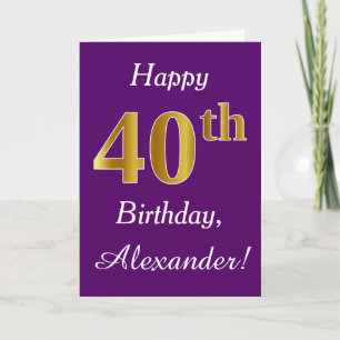 Carte Purple, Faux Gold 40e anniversaire + Nom personnal