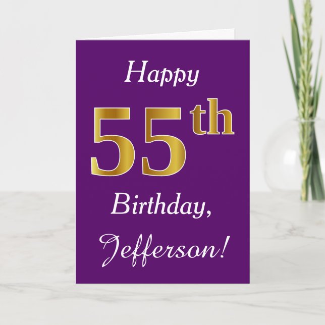 Carte Purple, Faux Gold 55e anniversaire + Nom personnal (Devant)