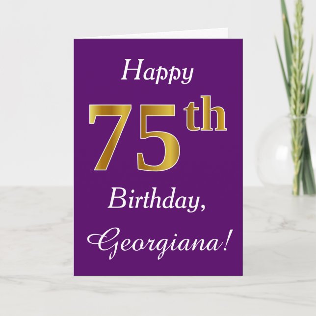 Carte Purple, Faux Gold 75e anniversaire + Nom personnal (Devant)