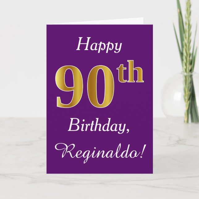 Carte Purple, Faux Gold 90e anniversaire + Nom personnal (Devant)