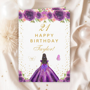 Carte Purple Floral Fille de la peau foncée Joyeux anniv