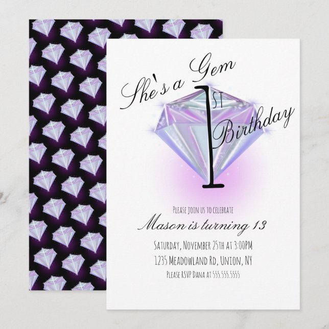 Carte Purple Gem Crystal Première fête d'anniversaire (Devant / Derrière)
