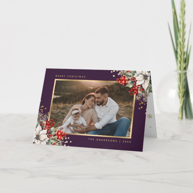 Carte Purple Gold Botanical Photo Christmas Card (Devant)