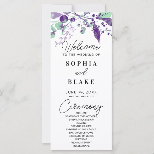 Carte Purple & Green Berries & Greenery Wedding Programm (Devant)